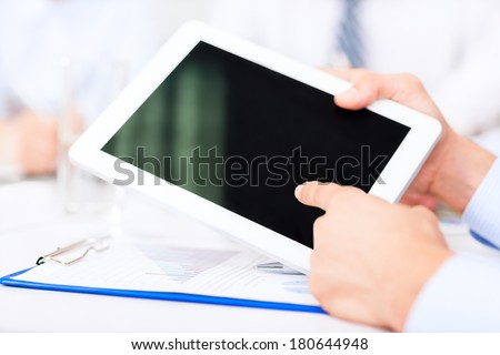 businessman hands touching digital tablet empty screen copy space, business man using computer, male point finger touch pad at office desk