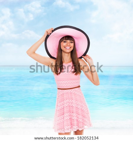 summer vacation woman over blue sky ocean beach background, wear pink dress and hat happy smile, young girl holiday on sea sunny day
