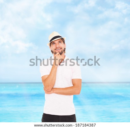 young man smile think look up to empty copy space, dream hold hand finger on chin wear hat  concept of travel summer vacation over sea blue sky, ocean