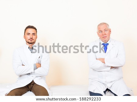 doctor white coat, folded hands, medical hospital collegues, sitting in office clinic