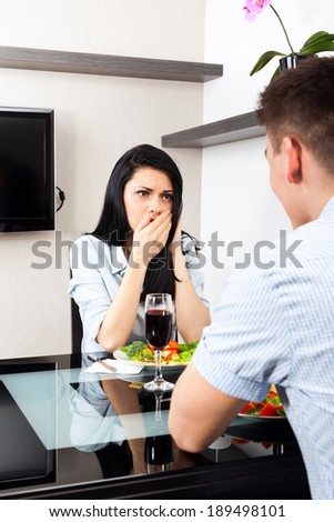 woman cry cover mouth be hand, relationship problem, sad couple divorce dinner at table restaurant