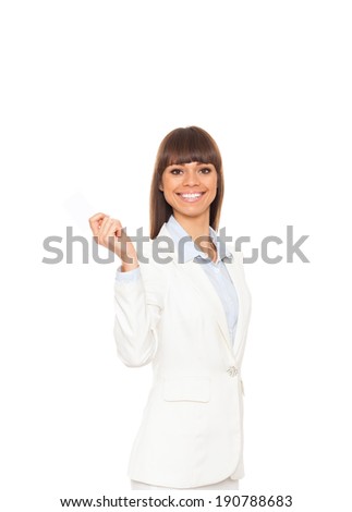 Businesswoman smile hold blank business card, business woman give visiting, credit card with empty copy space, isolated over white background