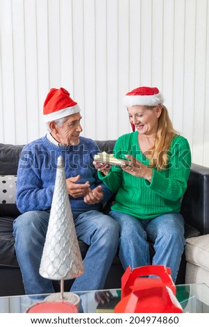 senior couple give gift box christmas present, sitting on sofa smile
