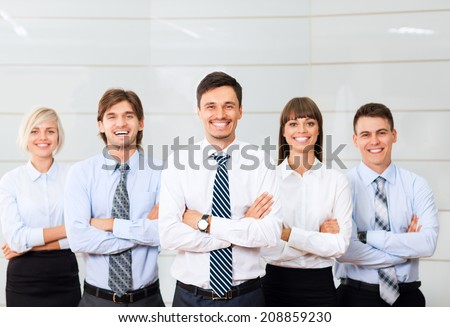 Business people group happy smile standing line at office, businesspeople row colleague team leader boss folded hands