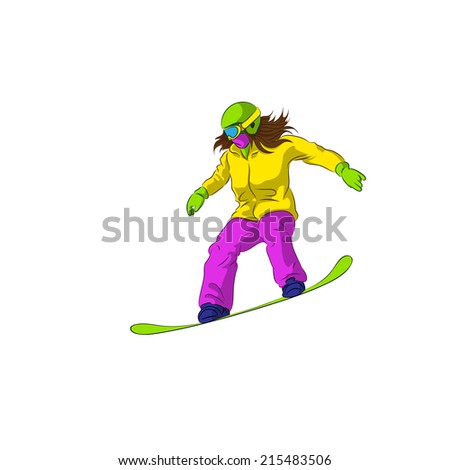 Snowboarder sliding down, female snowboarding, Vector Illustration