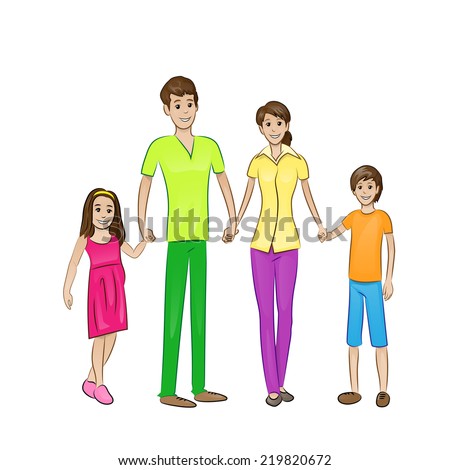 Happy family four people, parents with two children holding hands, vector illustration