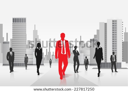 red businessman silhouette, black business people group over city background concept vector illustration