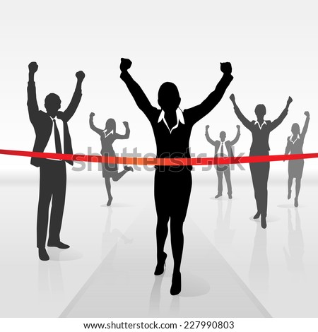 running businesswoman crossing finish line win success business people, vector illustration