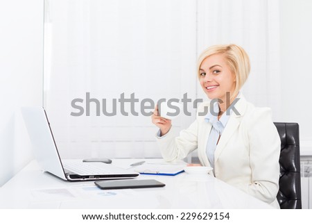 business woman drink coffee at office modern desk, smile businesswoman break relax workplace day