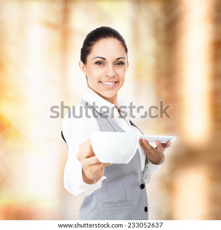 business woman coffee cup with steam, close up face happy smile businesswoman over brown background