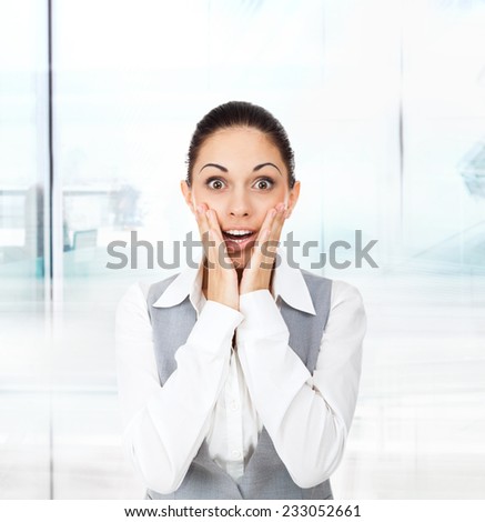 Business woman smile surprised excited, businesswoman surprised hold hands in modern office