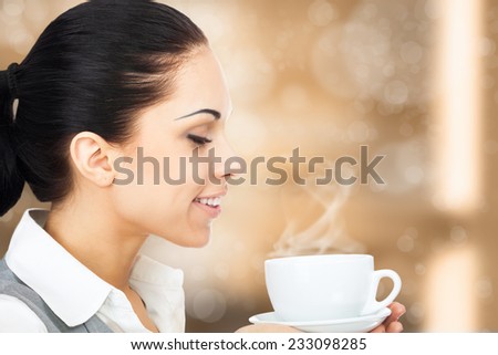 business woman drink smell coffee hold cup, happy smile businesswoman over brown background