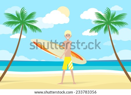 surfer man with surfing board palm tree summer holiday ocean beach vector illustration