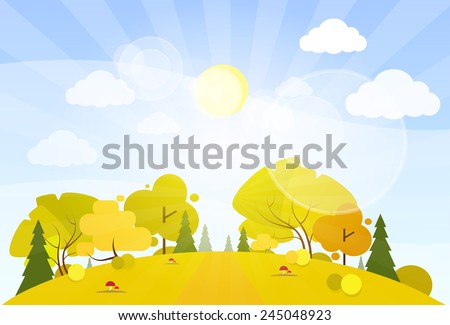 autumn landscape mountain forest road blue cloud sky with sun tree woods flat design vector illustration