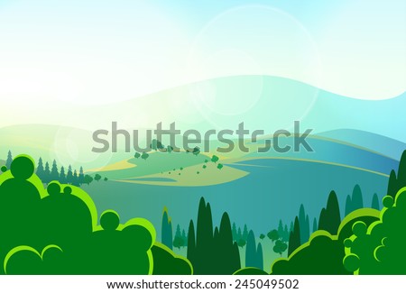 summer green mountains tree valley landscape vector illustration