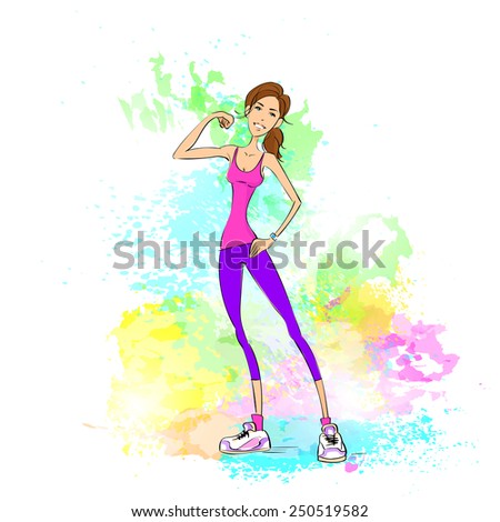 Sport woman show bicep muscle trainer, hot sexy girl bodybuilder athletic over colorful splash paint background, vector illustration