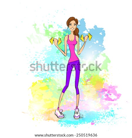 Sport woman hold dumbbells fitness trainer, hot sexy girl bodybuilder athletic muscle over colorful splash paint background, vector illustration