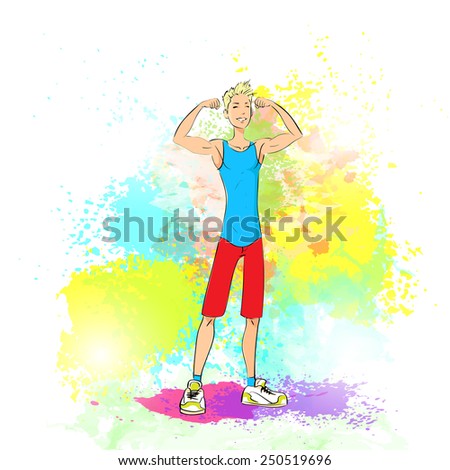 Sport man show bicep muscles fitness trainer, bodybuilder athletic muscle over colorful splash background, vector illustration