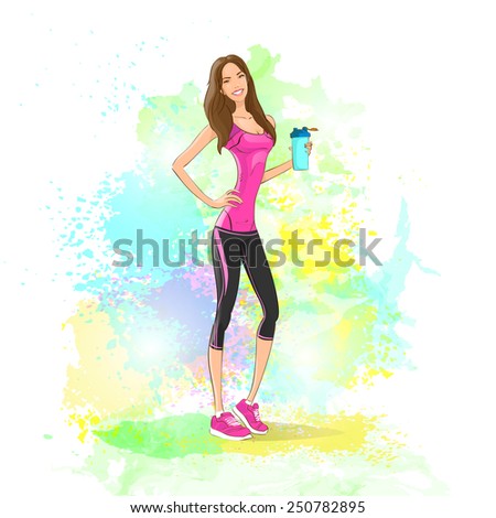 Sport woman hold shaker drink fitness trainer, hot sexy girl bodybuilder athletic muscle over colorful splash paint  background, vector illustration