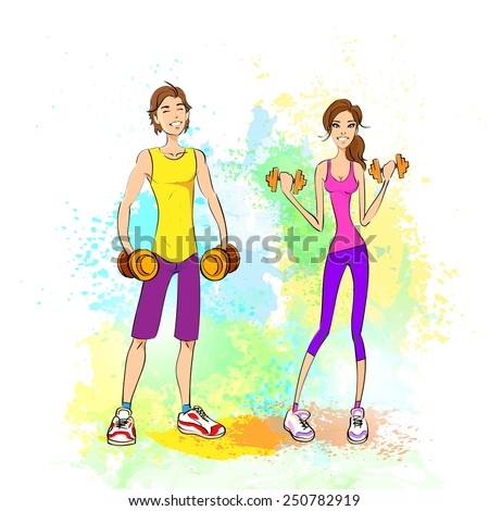 Sport couple man and woman hold dumbbells fitness trainer, bodybuilder athletic muscle over colorful paint splash background, vector illustration