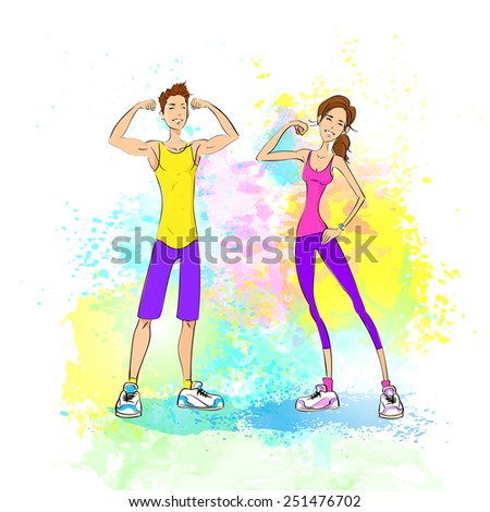 Sport couple man and woman show bicep muscles, bodybuilder athletic over colorful paint splash background, vector illustration