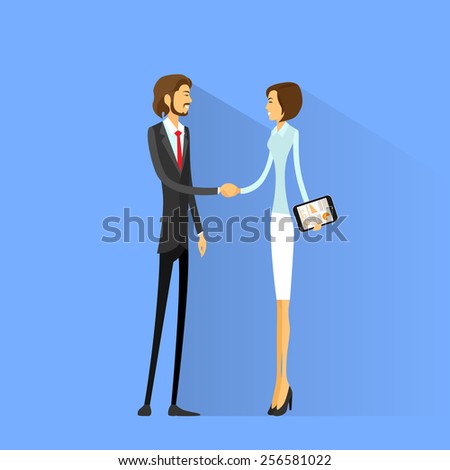 Business people handshake, businessman and businesswoman hand shake flat icon vector illustration