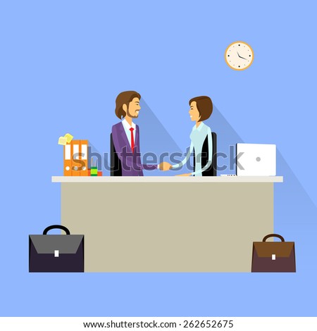 Business people handshake meeting signing agreement, businessman and businesswoman hand shake sitting at desk work flat vector illustration