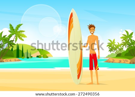 Surfer Man with Surfing Board Palm Tree Summer Holiday Ocean Beach Vector Illustration