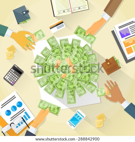 Money on Desk Hands Business People Group Crowd Funding Put Money Donation Investors Vector Illustration