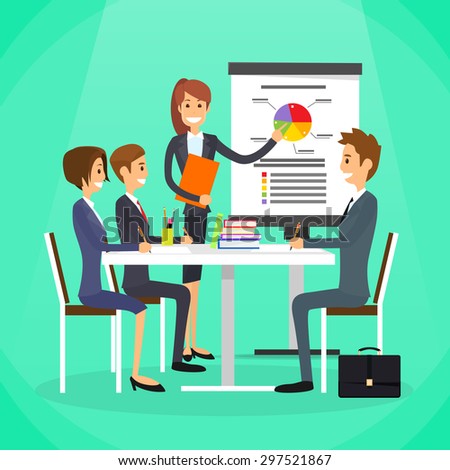 Businesswoman Show Graph Business People Group Conference Meeting Flip Chart Vector Illustration