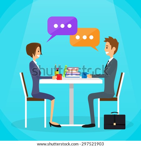 Business People Man and Woman Talking Discussing Chat Communication Sitting at Office Desk Flat Vector Illustration