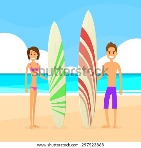 Surfer Couple Man and Woman with Surfing Board Summer Holiday Ocean Beach Vector Illustration