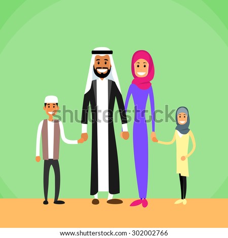 Arab Family Four People, Arabic Parents Two Children Flat Vector Illustration
