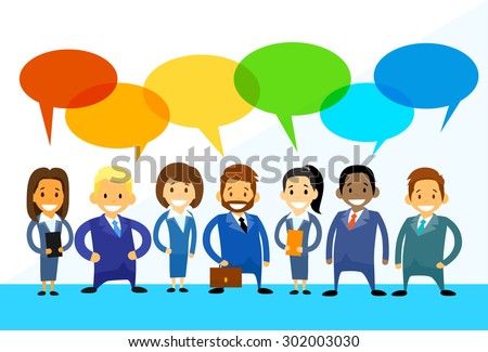 Business Cartoon People Group Talking Discussing Chat Communication Social Network Flat Icon Vector Illustration