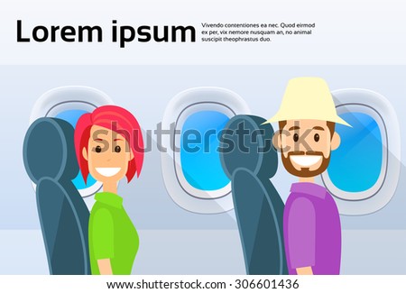 Tourist Couple Airplane Window Cartoon People Man and Woman Travel Flight Characters Flat Vector Illustration