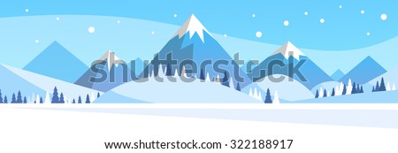 Winter Mountain Forest Landscape Background, Pine Snow Trees Woods Flat Vector Illustration