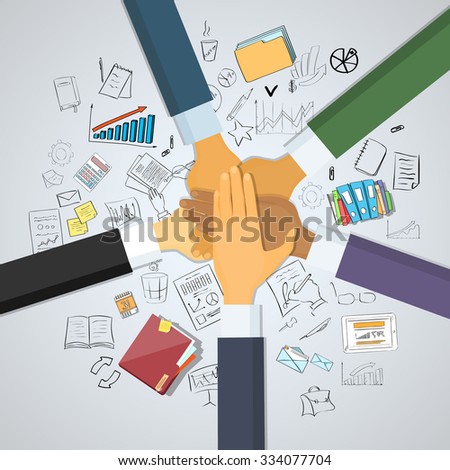 Hands Desk Team Leader Business People Pile Hand Stack On Each Other, Business people Colleagues Success Collaboration Leader Doodle Hand Draw Sketch Concept Vector Illustration
