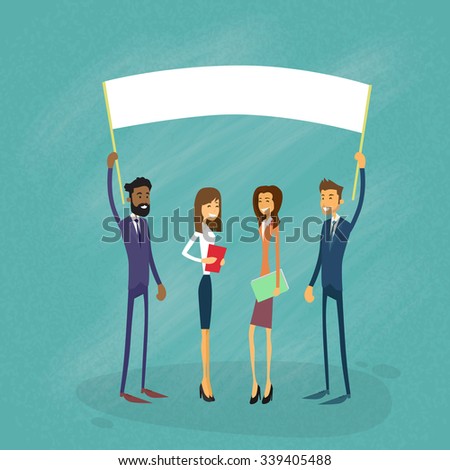 Businessmen Show White Board, Signboard, Empty Copy Space, Business People Cartoon  Hold Placard Sign Board Blank Flat Vector Illustration