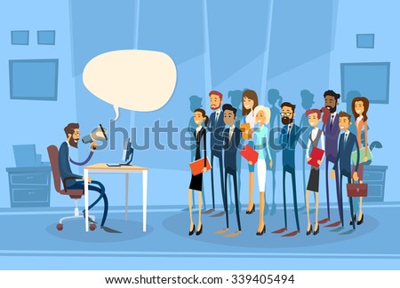 Businessman Boss Hold Megaphone Loudspeaker Colleagues Business People Team Leader Group Businesspeople Chat Discussing Working Office Flat Vector Illustration