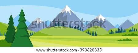 Summer Landscape Mountain Forest Sky Woods Flat Vector Illustration