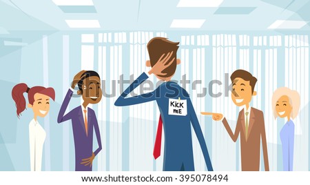 Business People Group Laughing, Kick Me Note On Businessman Back, Joke Fool Day April Holiday Vector Illustration