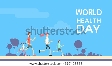 People Jogging Sport Family Fitness Run Training World Health Day 7 April Flat Vector Illustration