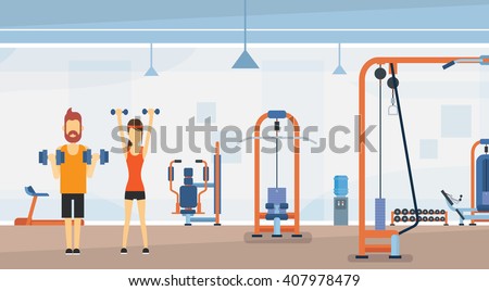 Sport Fitness Man Woman Lifting Weight Exercise Workout Gym Interior Flat Vector Illustration