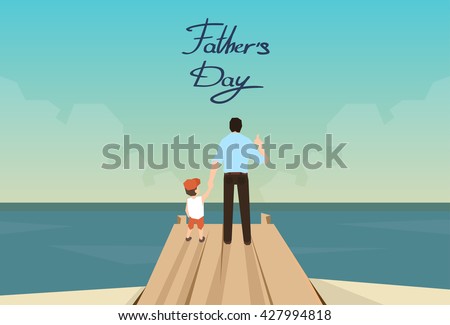 Man And Son Father Day Holiday Standing on Wooden Dock Looking Ocean Horizon Rear View Vector Illustration