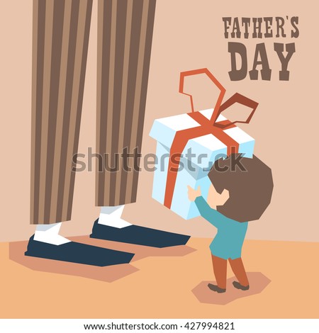 Small Boy Give Present Box Adult Man Long Legs Father Day Holiday Vector Illustration