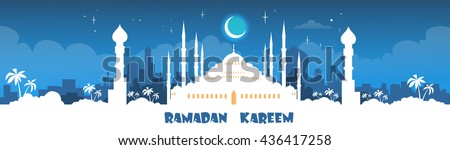 Mosque Ramadan Kareem Muslim Religion Holy Month Banner Flat Vector Illustration