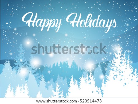 Happy Holidays Winter Mountain Forest Landscape Background, Pine Snow Trees Woods Flat Vector Illustration