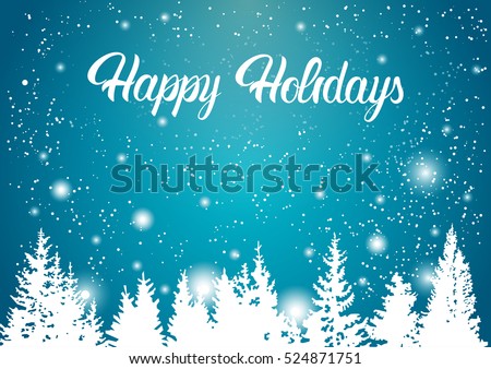 Happy Holidays Winter Mountain Forest Landscape Background, Pine Snow Trees Woods Flat Vector Illustration