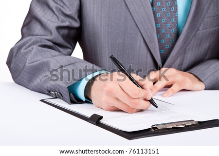 Businessman working with documents sign up contract isolated over white background