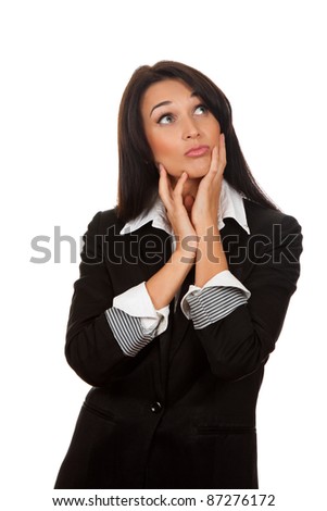 business woman think looking up, isolated over white background, pondering thoughtful
